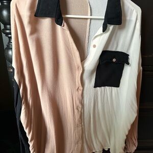 Cream and Black Asymmetrical Sleeveless Blouse